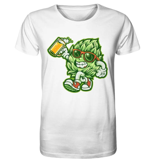 Ein Happy Hop – Bio-T-Shirt von Hoppymerch mit dem Bild eines Mannes, der ein Bier hält.