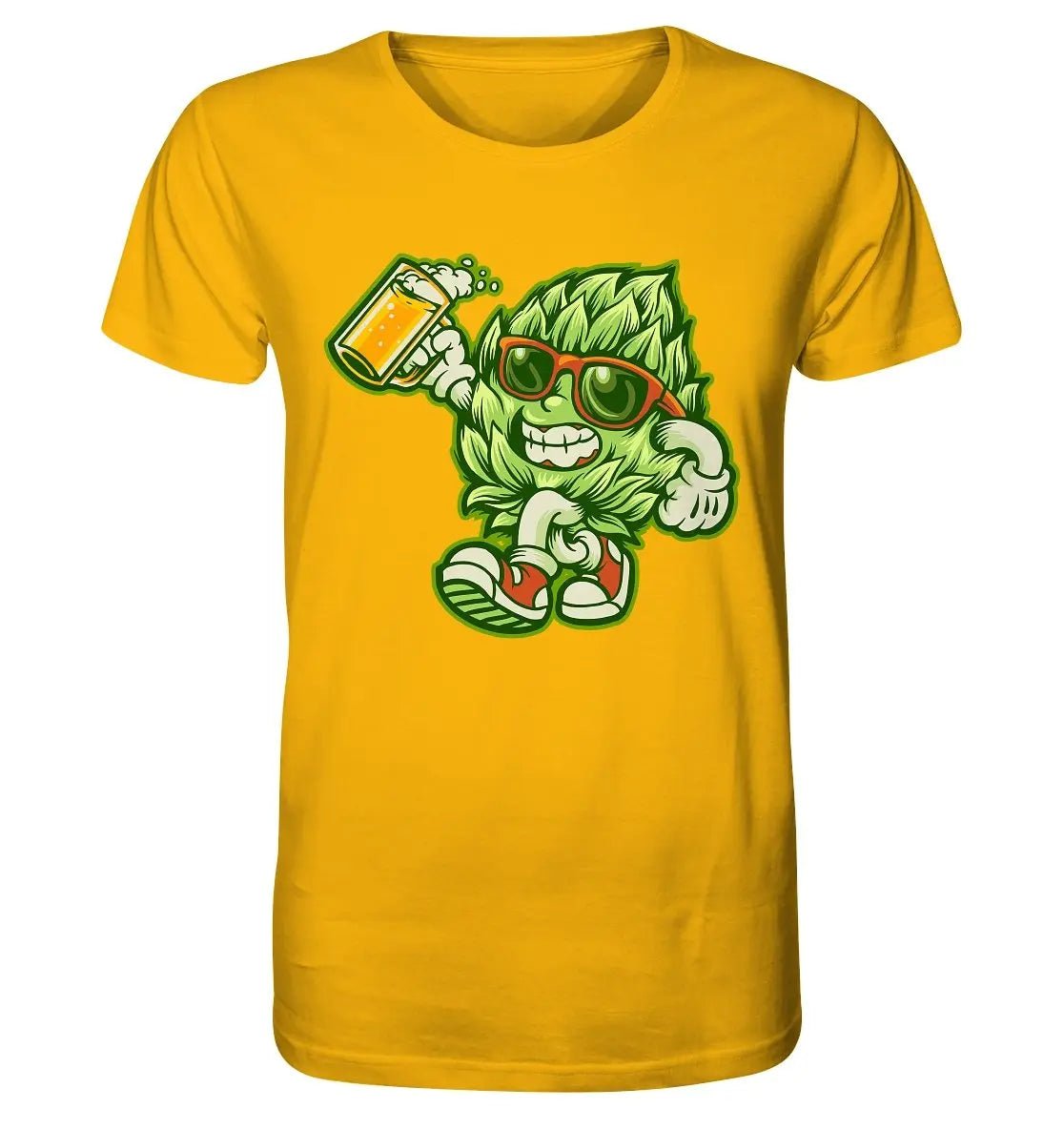 Ein Happy Hop – Bio-T-Shirt von Hoppymerch mit dem Bild einer Hopfenfigur, die ein Bier hält.