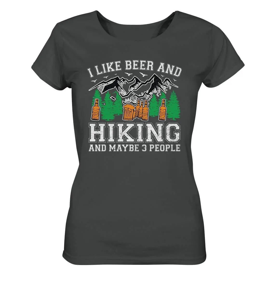 Ein Bio-T-Shirt für Damen von Hoppymerch mit der Aufschrift „I Like Beer, Hiking and Maybe 3 People“.