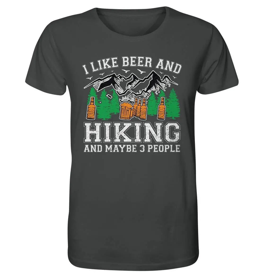 Ein Hoppymerch Bier T-Shirt für Männer mit der Aufschrift „Ich mag Bier, Wandern und vielleicht 3 Leute“.