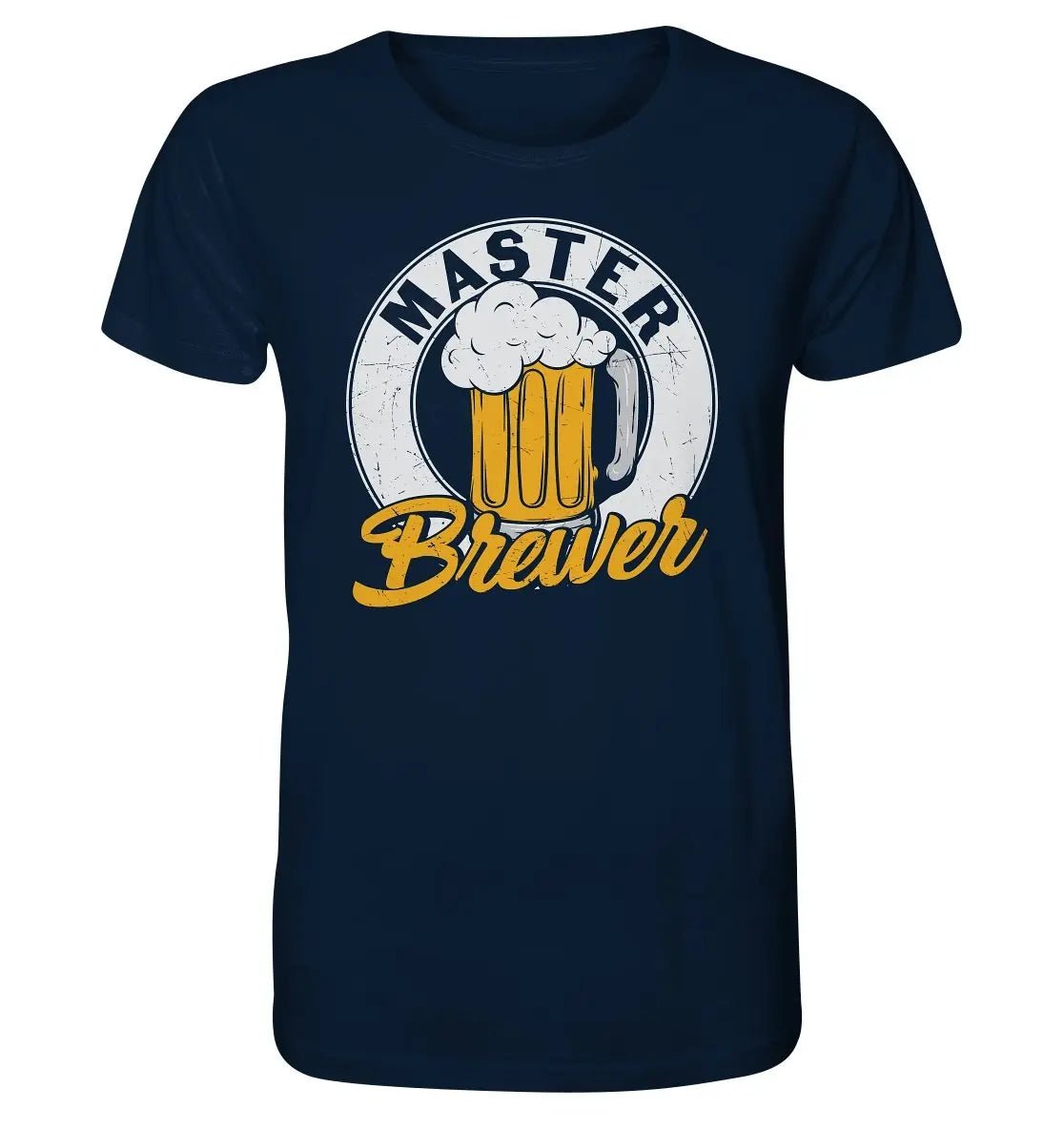 Ein marineblaues Master Brewer - Bio-T-Shirt von Hoppymerch mit der Aufschrift „Master Brewer“.