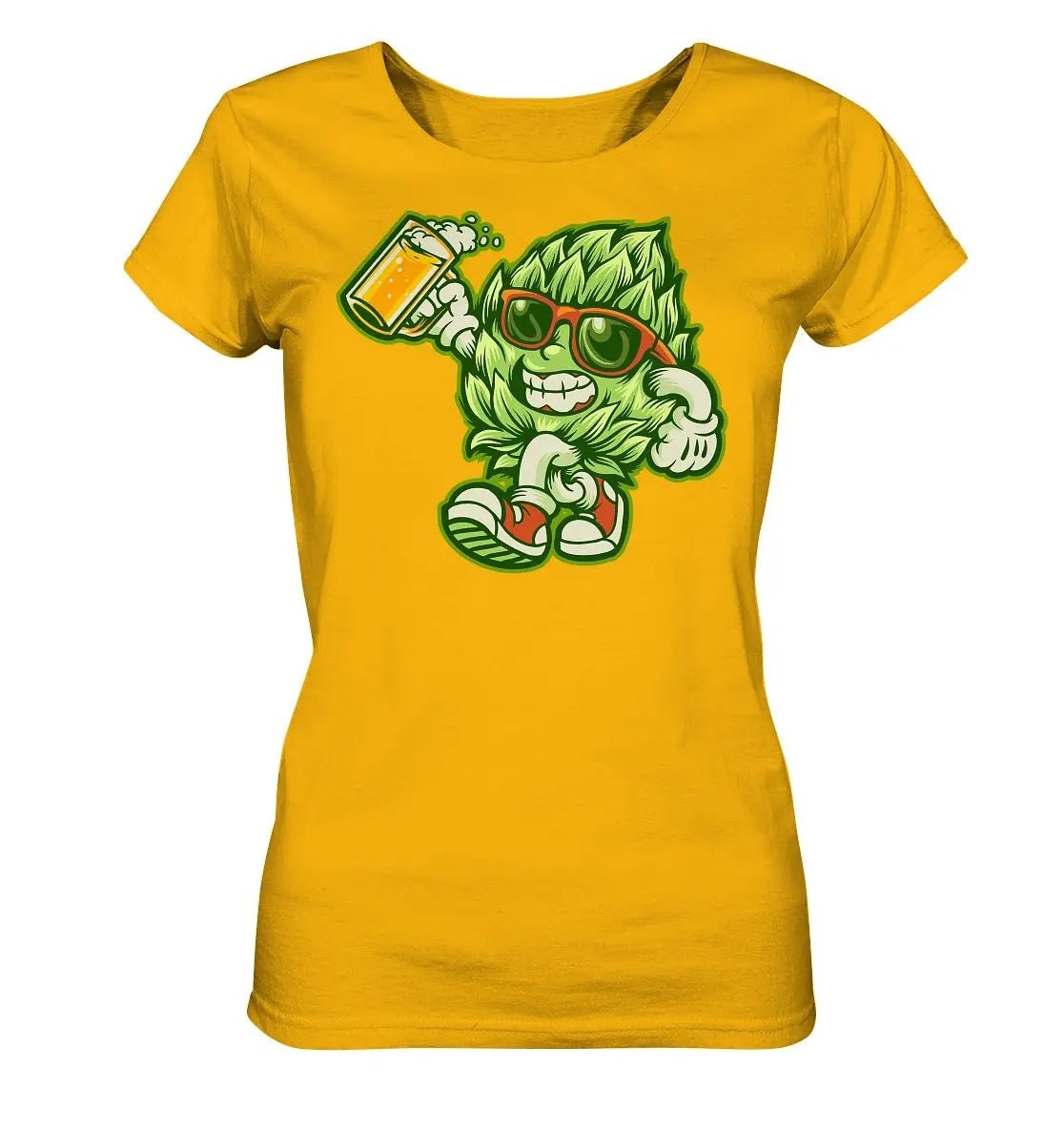 Ein Happy Hop - Damen-Bio-T-Shirt von Hoppymerch mit dem Bild einer Frau, die ein Bier in der Hand hält.