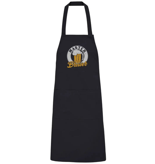 Eine schwarze Master Brewer – Organic Schürze mit einem goldenen Hoppymerch-Logo darauf.